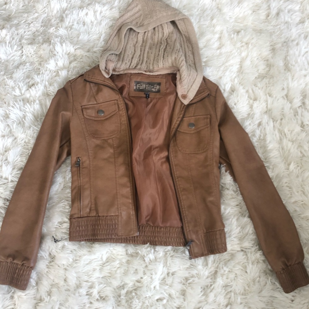 Brown leather jacket with knit hood